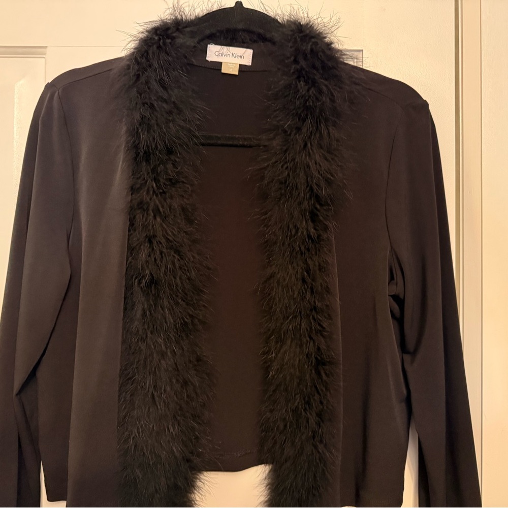 Calvin Klein Black Open-Front Shrug with Feather Trim
